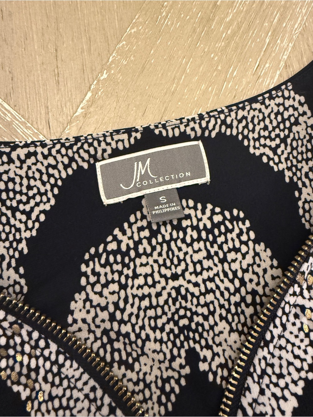 JM Collection navy, silver and gold Patterned Zip-Front Top - Picture 5 of 8